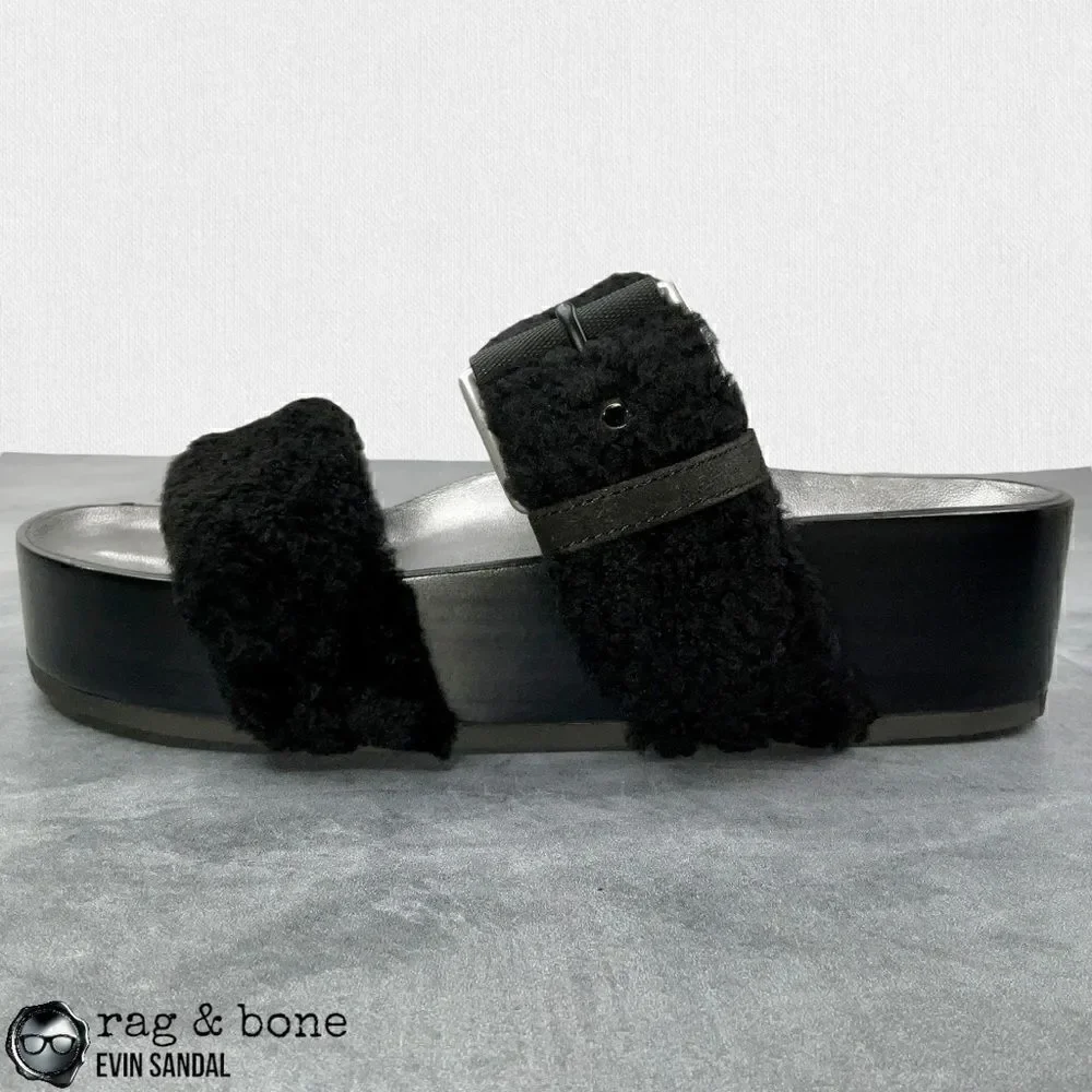 RAG & BONE EVIN GENUINE SHEARLING PLATFORM SLIDE SANDAL IN BLACK US SIZE 6 EU 36